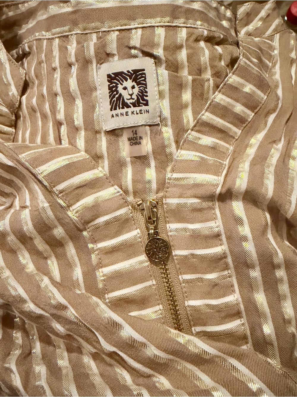 NEW Anne Klein Gold Tan White Striped Shift Mini Dress |Sz 14 | Luxe & Zip Front - Picture 8 of 11